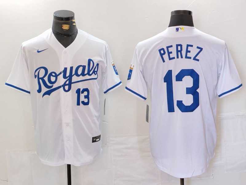 Mens Kansas City Royals #13 Salvador Perez Number White Cool Base Stitched Jersey